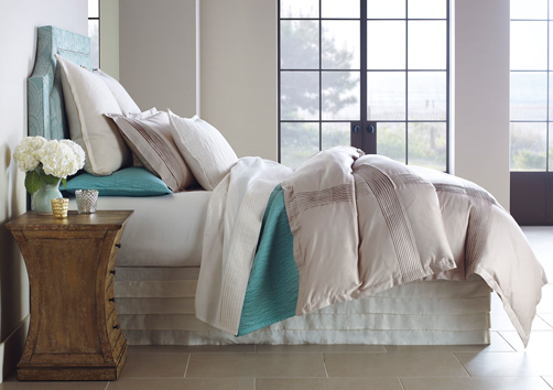 Fountain Bedding – layered with sheets (ivory), quilt (lake), and pleated duvet cover (driftwood)